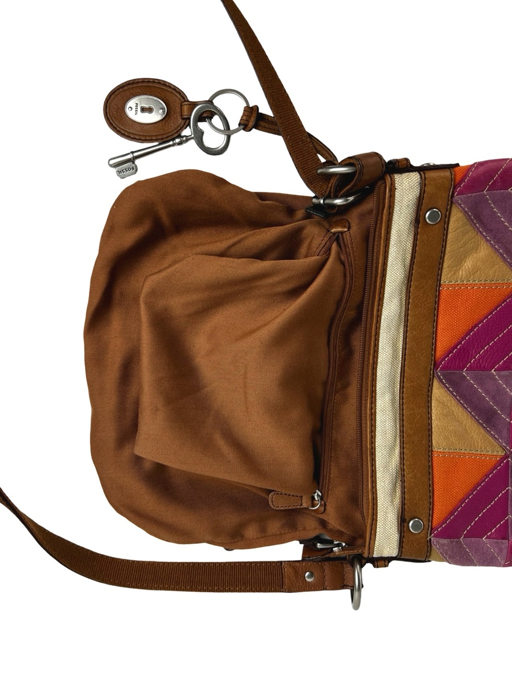Fossil ZB4687 Patchwork Crossbody Bag Y2K Boho Leather Canvas Key Charm - Picture 12 of 12